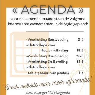 ∞ AGENDA VOOR MEI ∞ Op de website www.zwanger024.nl worden alle regionale activiteiten - voor zover ze bij de websitemanager bekend zijn - in de agenda vermeld. Inclusief meer informatie en een link om je er te kunnen aanmelden. 

Normaal gesproken zijn er ook maandelijks de informatieavonden in de ziekenhuizen en de zwangerschapsmarkt in het CWZ, maar je raadt het al: deze zijn i.v.m. corona allemaal gecanceld. Je zult het daarvoor moeten doen met de informatie op de website. 

Zie bio voor link naar de agenda of ga direct naar de website.

📅

#zwanger #zwangerinnijmegen #zwanger024 #zwangeractiviteiten #nijmegen #zwangervoorlichting #borstvoeding #kletscollege #taalontwikkeling #bevalling